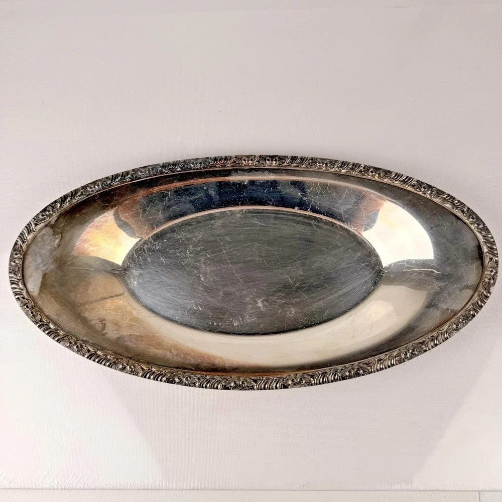 Vintage Silver Plated‎ Oval Serving Tray Rose Rim Victorian Style 13